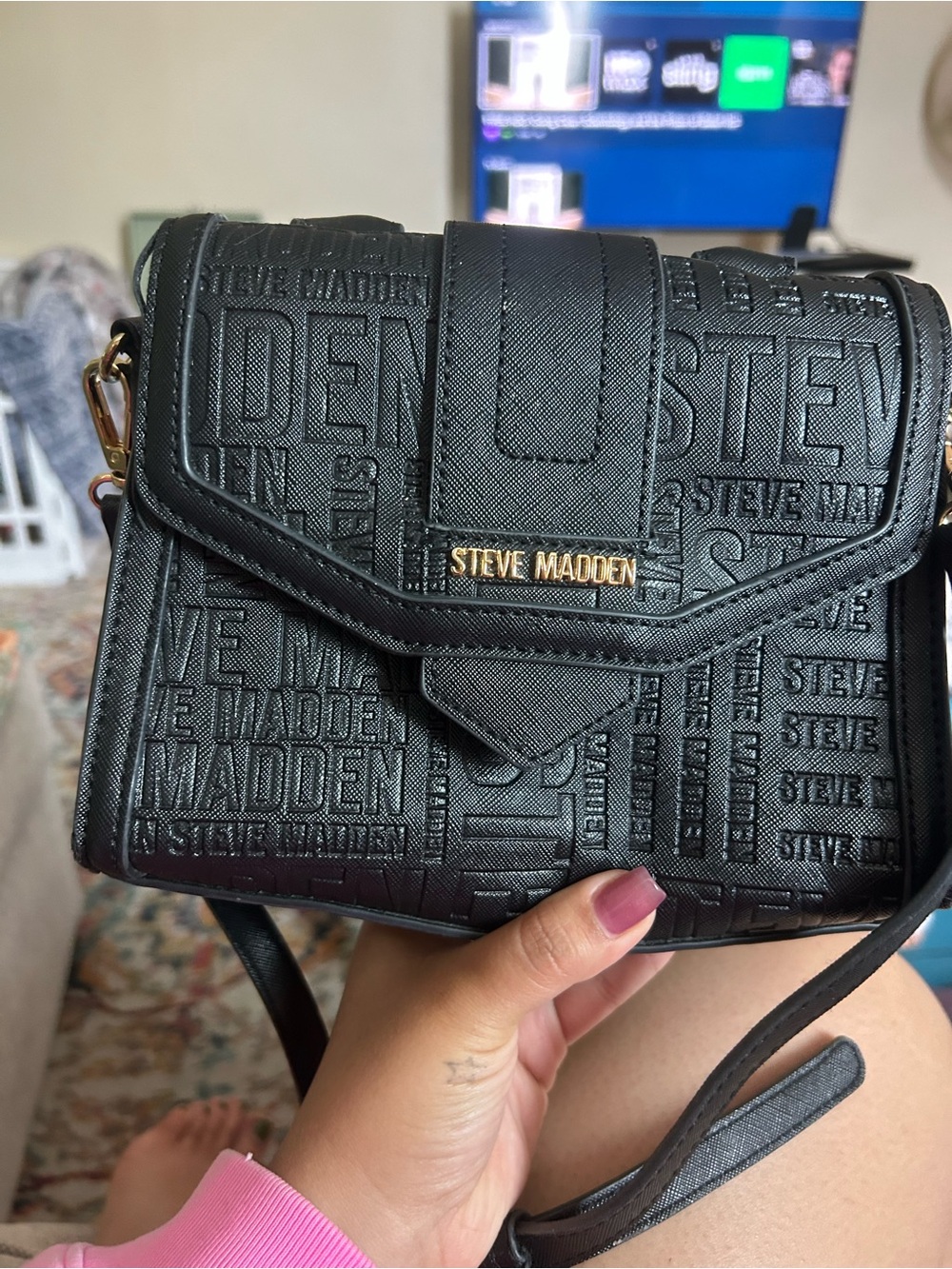 Steve Madden Black Embossed Crossbody with Gold Plaque